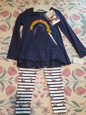 Max Studio Navy Rainbow Sequin Top & Striped Rainbow Leggings Set